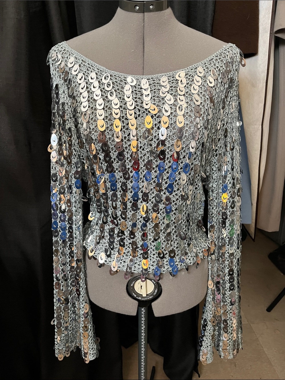 Forever 21 Silver Sequin Crochet Long-Sleeve Top